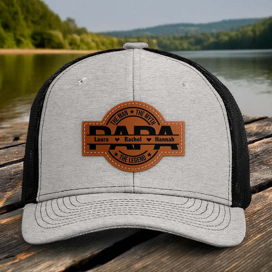 Personalized The Man The Myth The Legend DAD Hats with Kids Names Leather Patch Trucker Hat Father's Day Gift