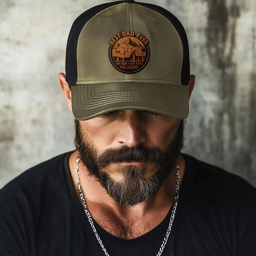 Personalized Best Dad Ever The Man The Myth The Legend DAD Hats with Kids Names Leather Patch Trucker Hat Father's Day Gift