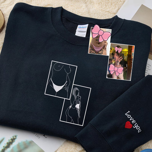 Embroidered Customizable Portrait Sweatshirt: Custom Spicy Photo, Personalized Line Art Drawing Gift from Girlfriends