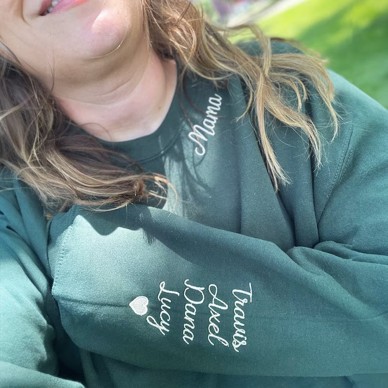 Embroidered Mama Sweatshirt with Kids Names on Sleeve Gift for Mom Mother's Day Birthday Gifts