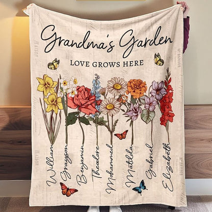 Personalized Grandma's Garden Blanket Birth Month Flowers with Grandkids Names Mother's Day Gift