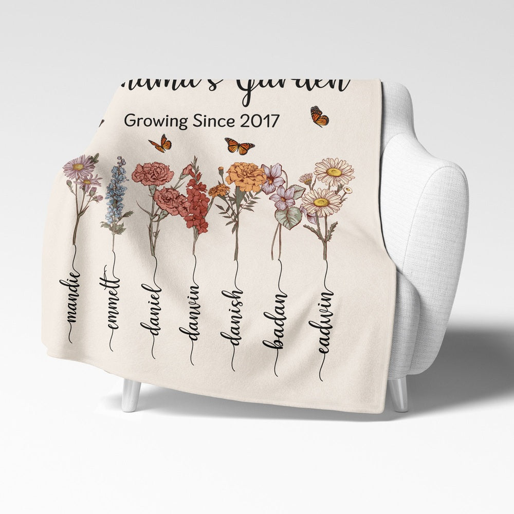 Personalized Grandma's Garden Blanket Birth Month Flowers with Grandkids Names Mother's Day Gift