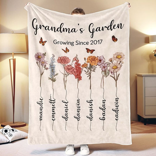 Personalized Grandma's Garden Blanket Birth Month Flowers with Grandkids Names Mother's Day Gift