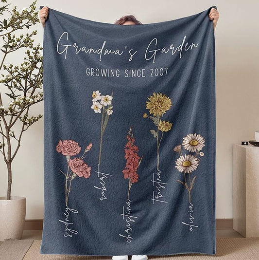 Personalized Grandma's Garden Blanket Birth Month Flowers with Grandkids Names Mother's Day Gift