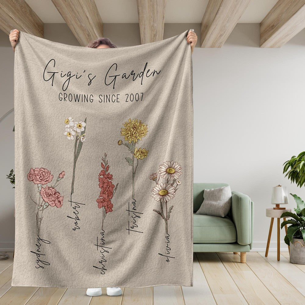 Personalized Grandma's Garden Blanket Birth Month Flowers with Grandkids Names Mother's Day Gift