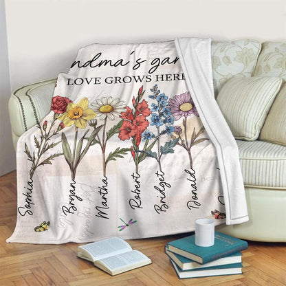 Personalized Grandma's Garden Blanket Birth Month Flowers with Grandkids Names Mother's Day Gift