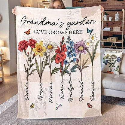 Personalized Grandma's Garden Blanket Birth Month Flowers with Grandkids Names Mother's Day Gift