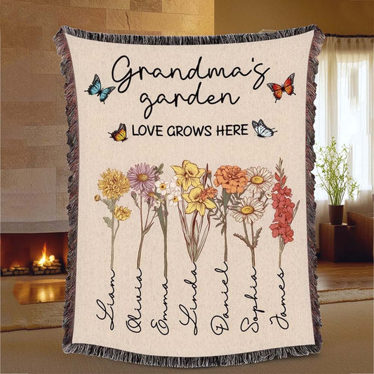 Personalized Grandma's Garden Woven Blanket Birth Month Flowers with Grandkids Names Mother's Day Gift