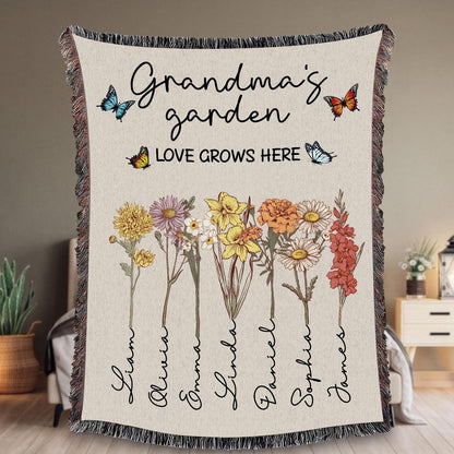Personalized Grandma's Garden Woven Blanket Birth Month Flowers with Grandkids Names Mother's Day Gift