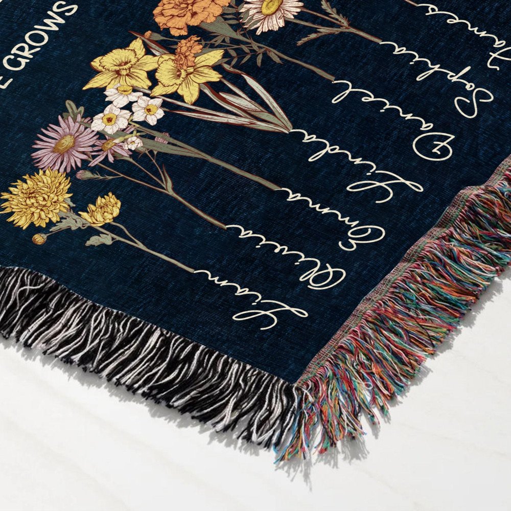 Personalized Grandma's Garden Woven Blanket Birth Month Flowers with Grandkids Names Mother's Day Gift
