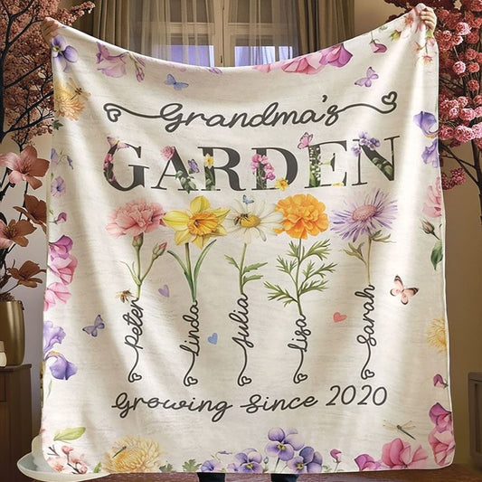 Personalized Grandma's Garden Blanket Birth Month Flowers with Grandkids Names Mother's Day Gift