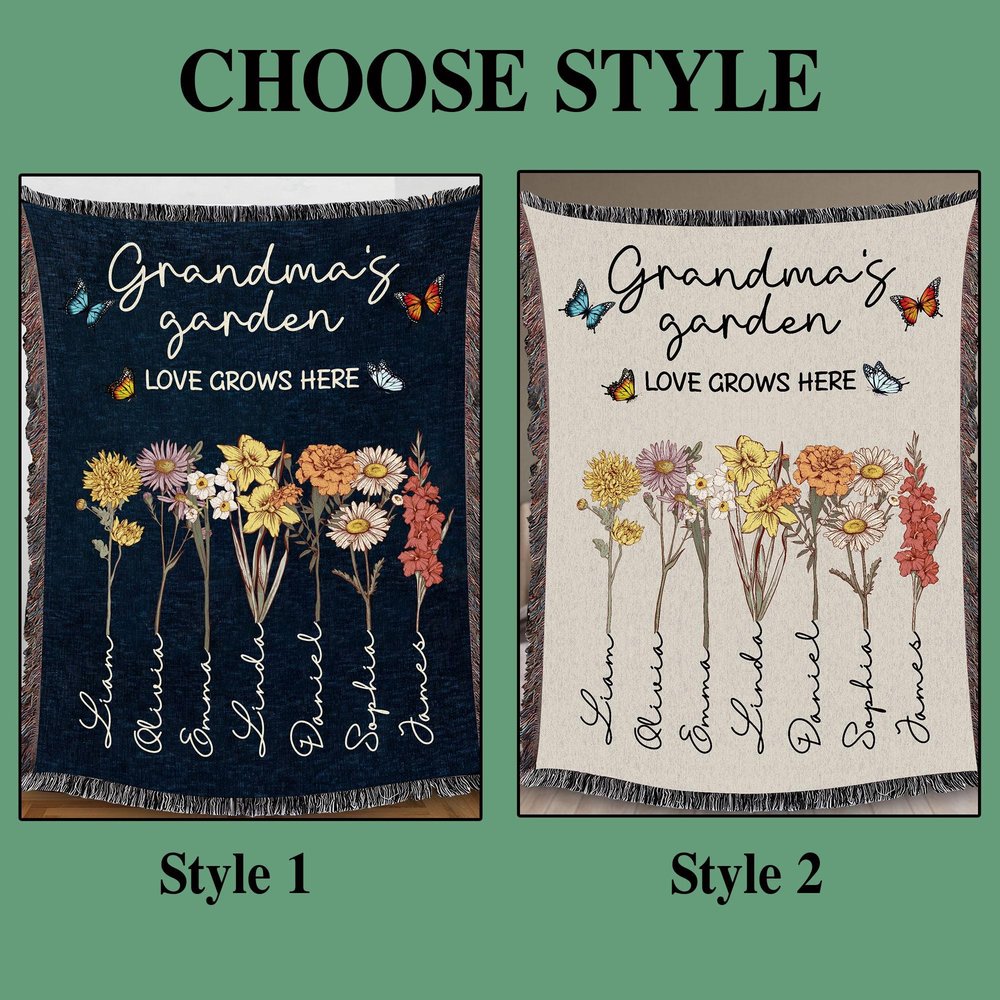 Personalized Grandma's Garden Woven Blanket Birth Month Flowers with Grandkids Names Mother's Day Gift