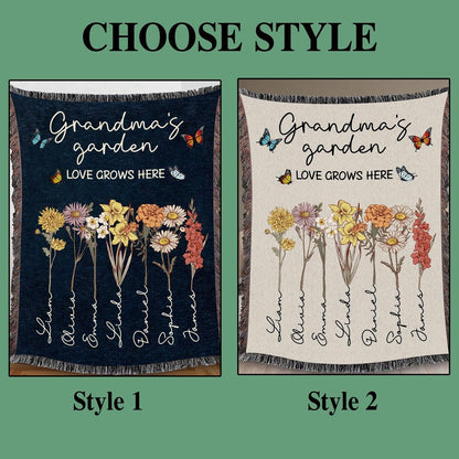 Personalized Grandma's Garden Woven Blanket Birth Month Flowers with Grandkids Names Mother's Day Gift