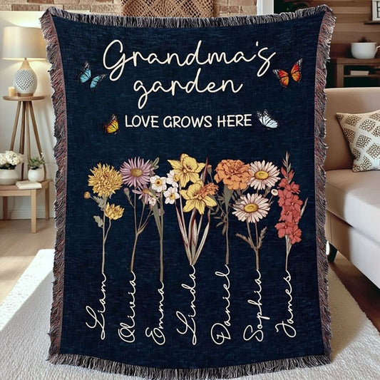 Personalized Grandma's Garden Woven Blanket Birth Month Flowers with Grandkids Names Mother's Day Gift