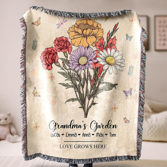 Personalized Grandma's Garden Woven Blanket Birth Month Flowers with Grandkids Names Mother's Day Gift Ideas