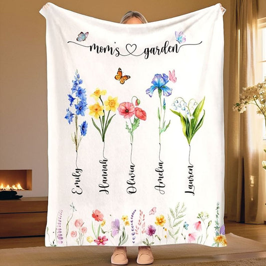 Personalized Mom's Garden Blanket Birth Month Flowers with Kids Names Mother's Day Gift