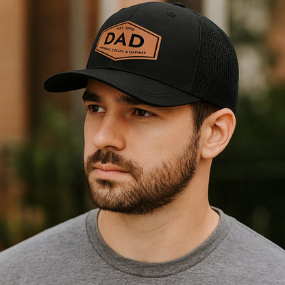 Personalized DAD Hats with Kids Names Leather Patch Trucker Hat Father's Day Gift
