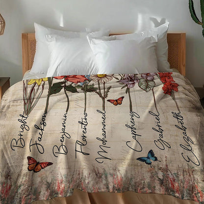 Personalized Grandma's Garden Blanket Birth Month Flowers with Grandkids Names Birthday & Mother's Day Gift Ideas