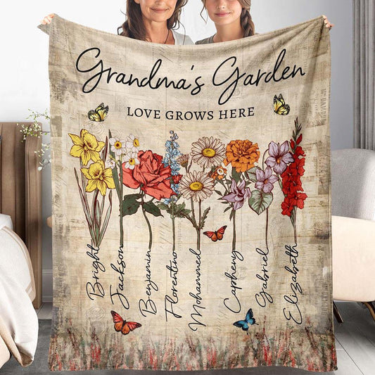 Personalized Grandma's Garden Blanket Birth Month Flowers with Grandkids Names Birthday & Mother's Day Gift Ideas