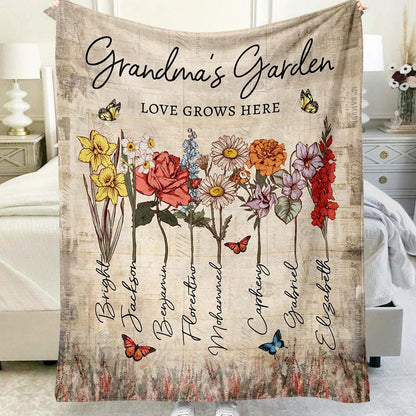 Personalized Grandma's Garden Blanket Birth Month Flowers with Grandkids Names Birthday & Mother's Day Gift Ideas