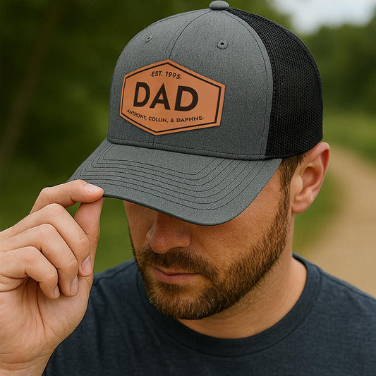 Personalized DAD Hats with Kids Names Leather Patch Trucker Hat Father's Day Gift