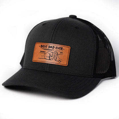 Personalized Best Dad Ever Fist Bump DAD Hats with Kids Names Leather Patch Trucker Hat Father's Day Gift