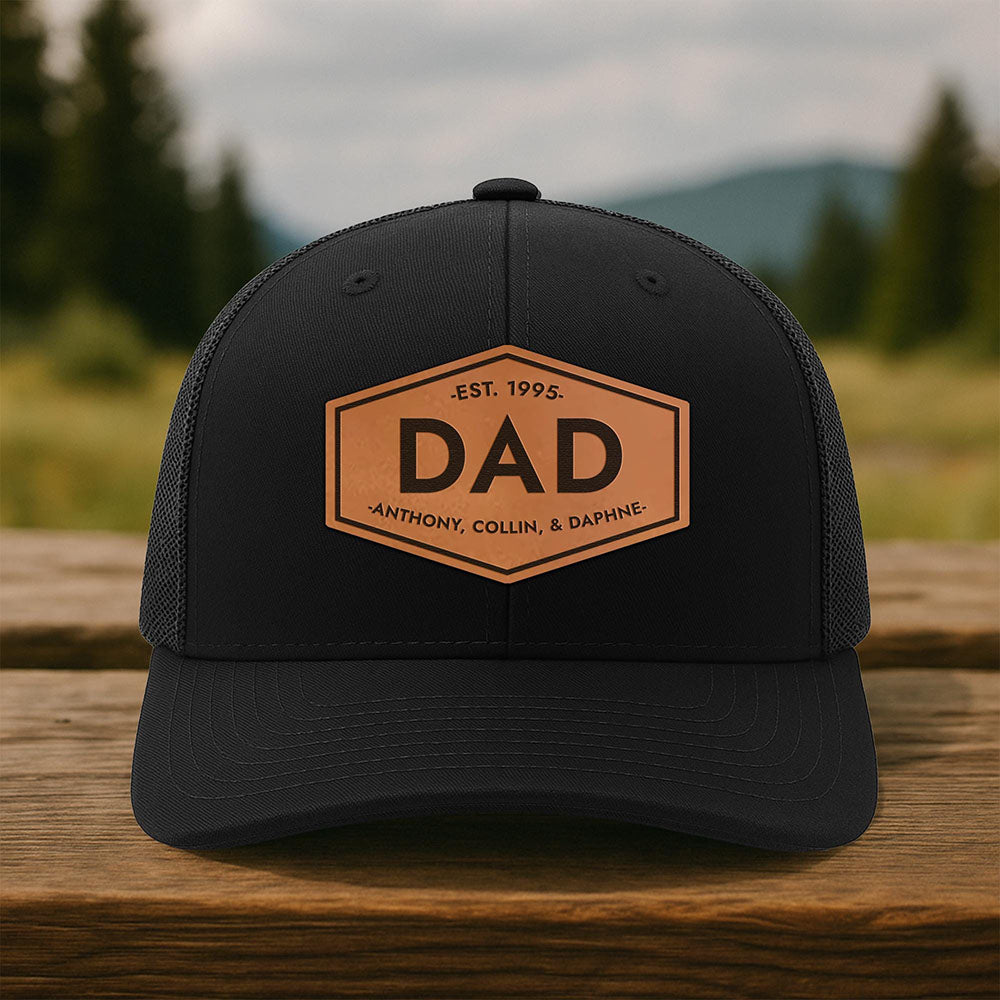 Personalized DAD Hats with Kids Names Leather Patch Trucker Hat Father's Day Gift