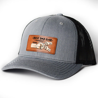 Personalized Best Dad Ever Fist Bump DAD Hats with Kids Names Leather Patch Trucker Hat Father's Day Gift