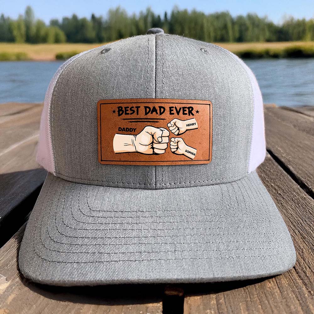 Personalized Best Dad Ever Fist Bump DAD Hats with Kids Names Leather Patch Trucker Hat Father's Day Gift