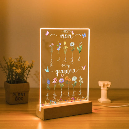Personalized First Mom Now Grandma Birth Month Flowers Acrylic LED Night Light Mother's Day Gift