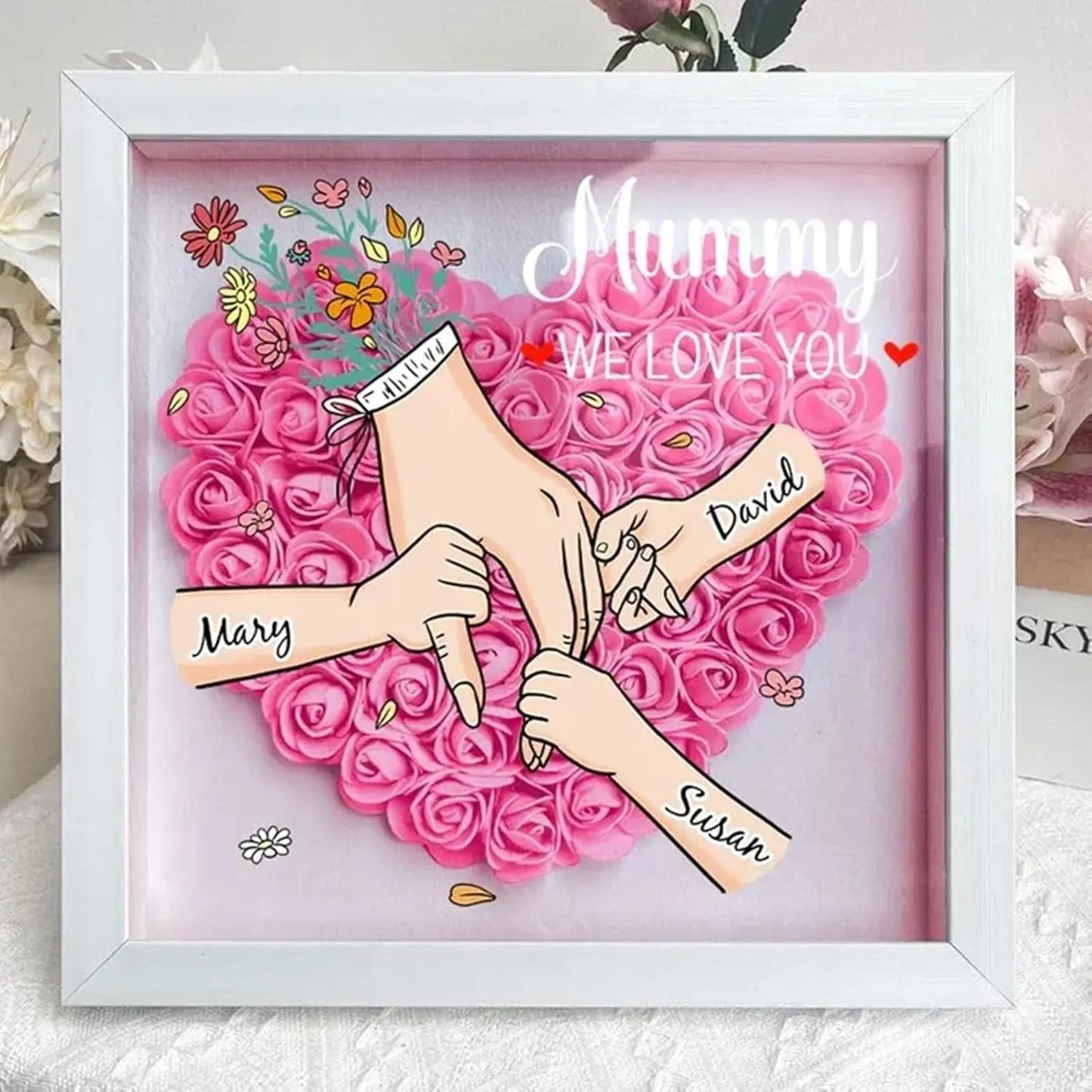 Personalized Mom Flower Shadow Box Hand Holding Frame with Names Mother's Day Gift