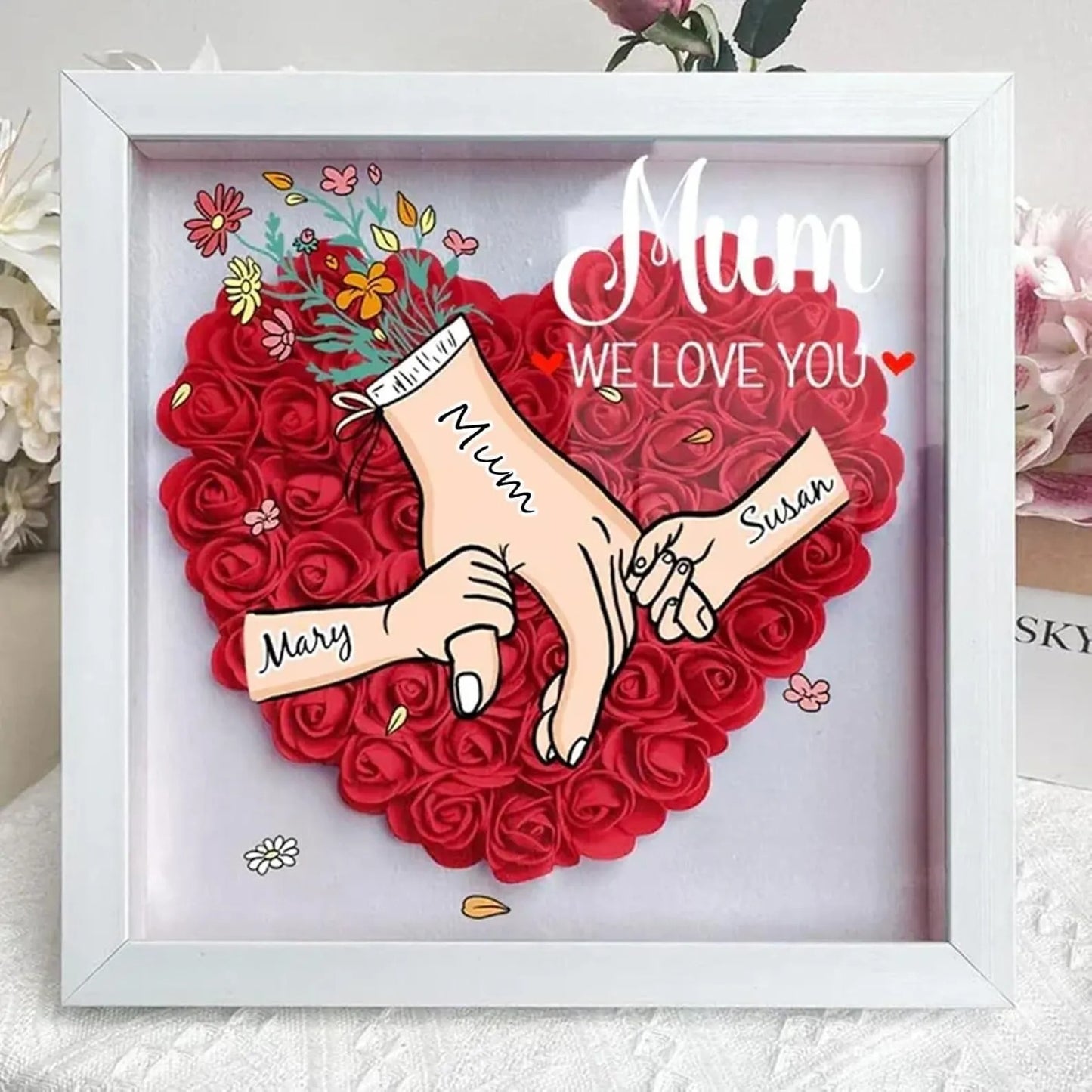 Personalized Mom Flower Shadow Box Hand Holding Frame with Names Mother's Day Gift