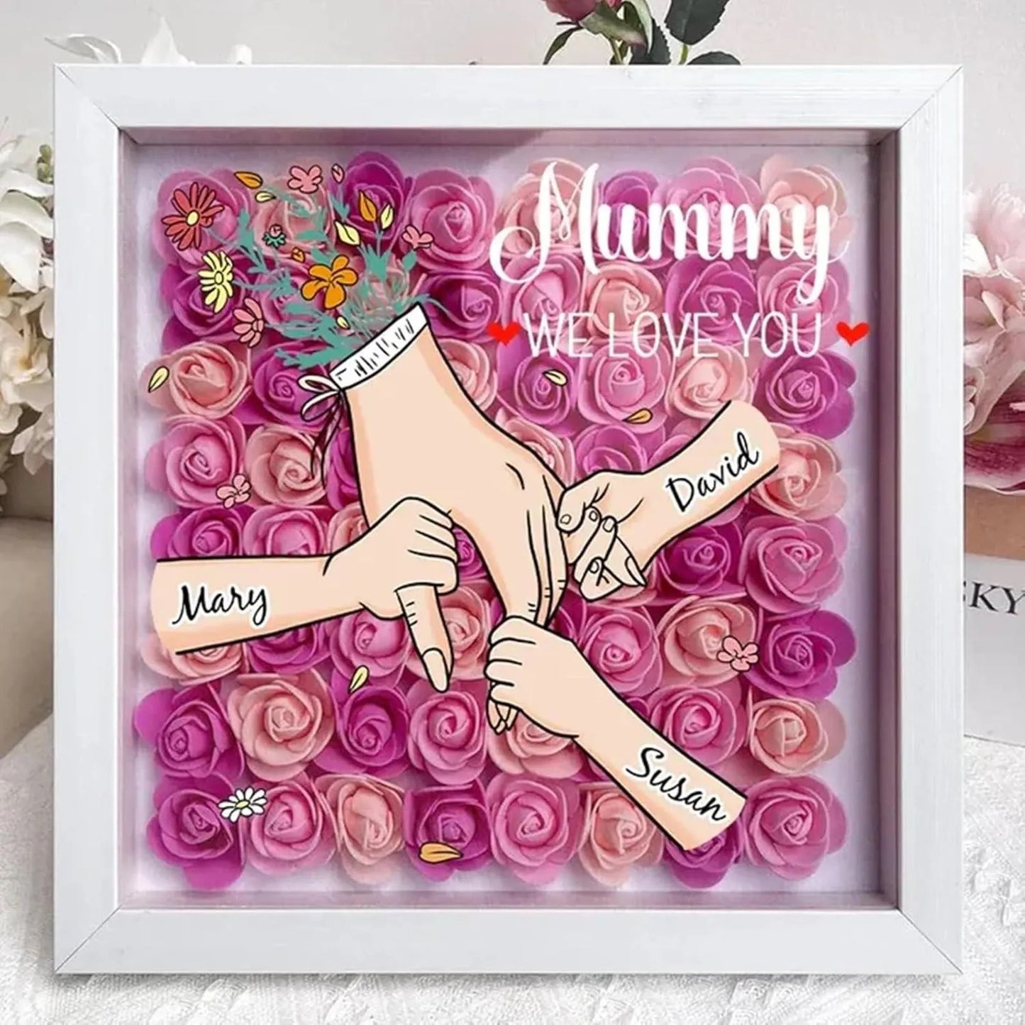 Personalized Mom Flower Shadow Box Hand Holding Frame with Names Mother's Day Gift