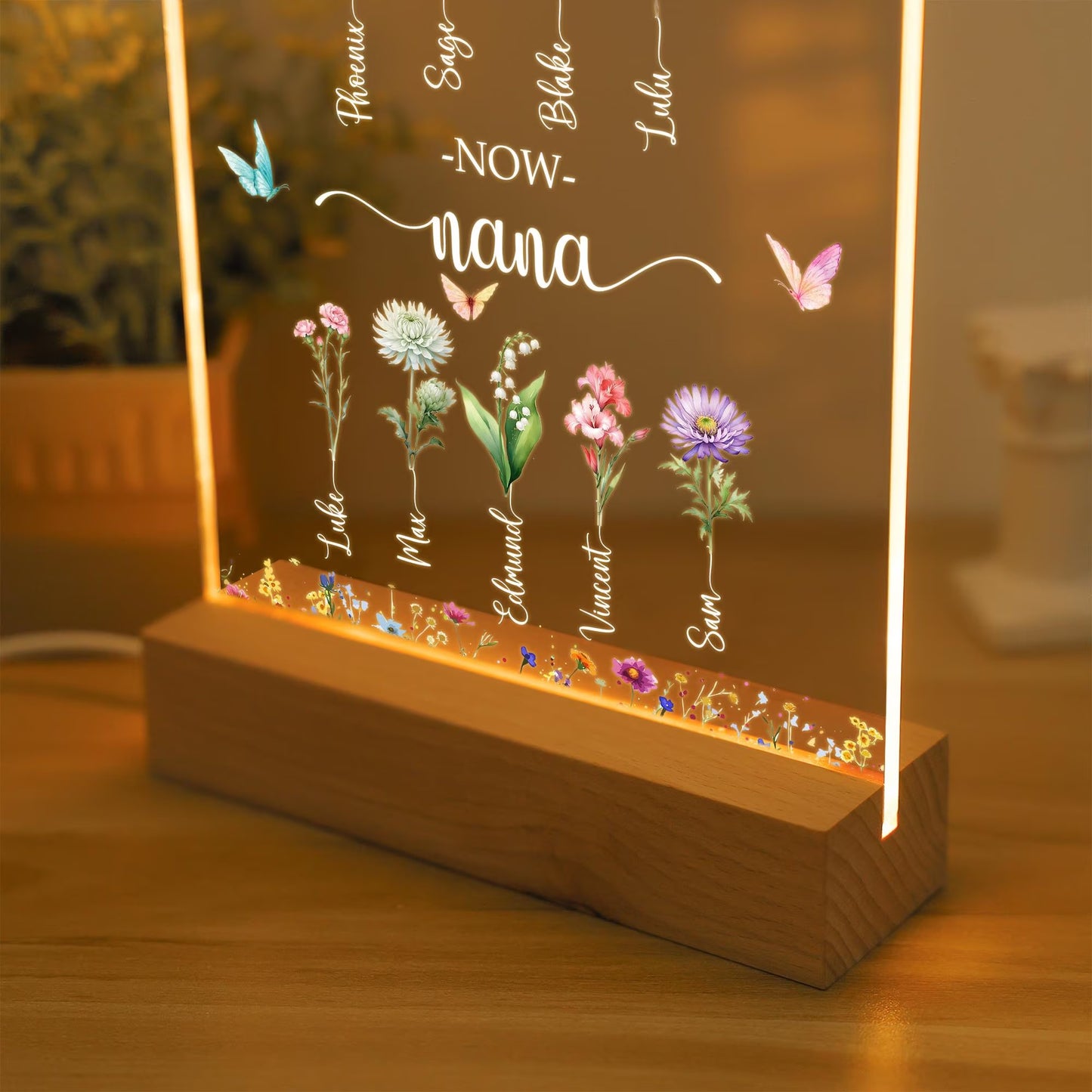Personalized First Mom Now Grandma Birth Month Flowers Acrylic LED Night Light Mother's Day Gift