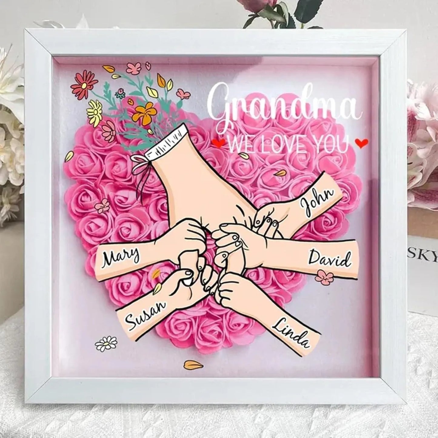 Personalized Mom Flower Shadow Box Hand Holding Frame with Names Mother's Day Gift
