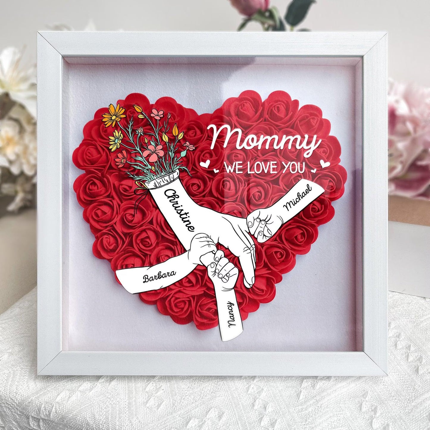 Personalized We Love You Mommy Hand Holding Flower Shadow Box For Mom Gift with Names Mother's Day Gift