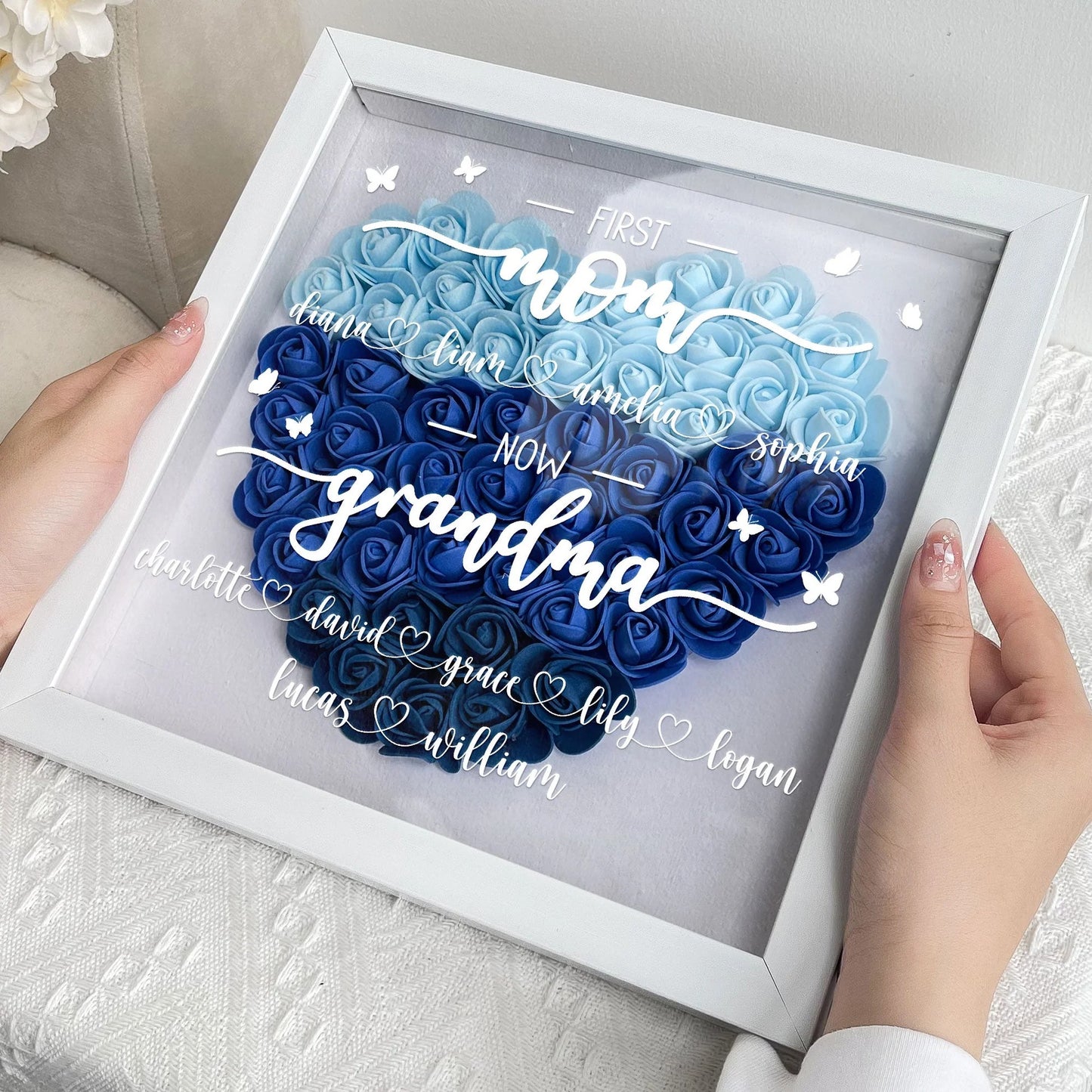 Personalized First Mom Now Grandma Flower Shadow Box With Kids Names Mother's Day Gift