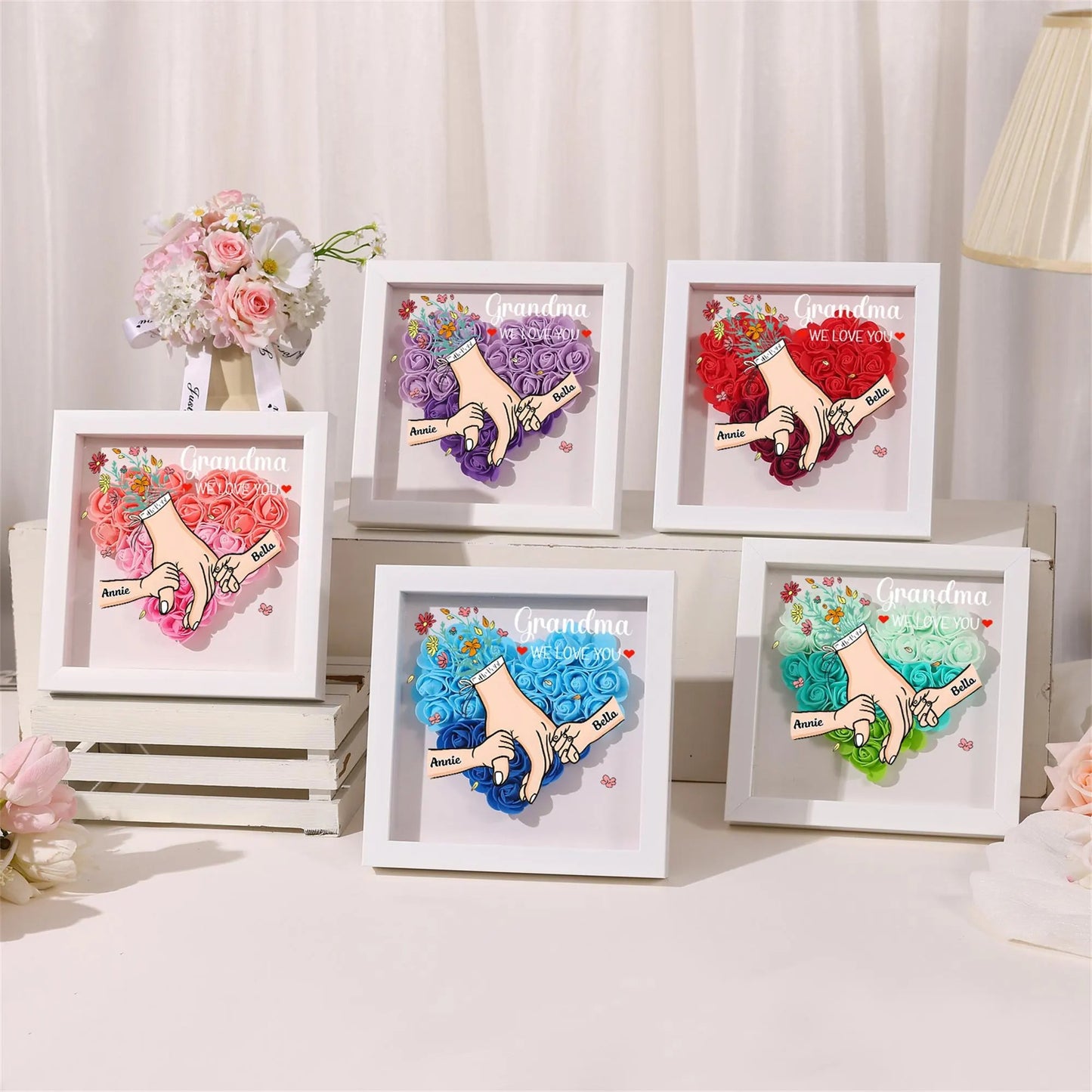 Personalized Mom Flower Shadow Box Roses Shadow Box with Names Mother's Day Gift