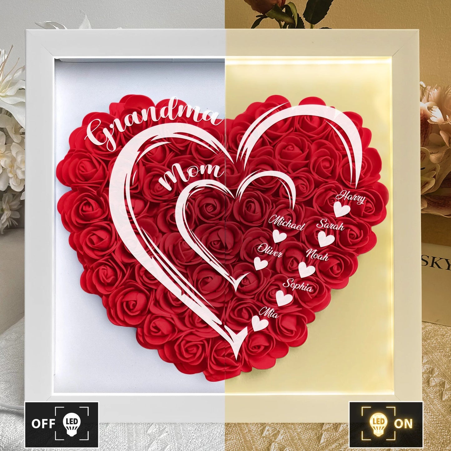Personalized Mom Grandma Hearts LED Light Flower Shadow Box With Kids Names Mother's Day Gift