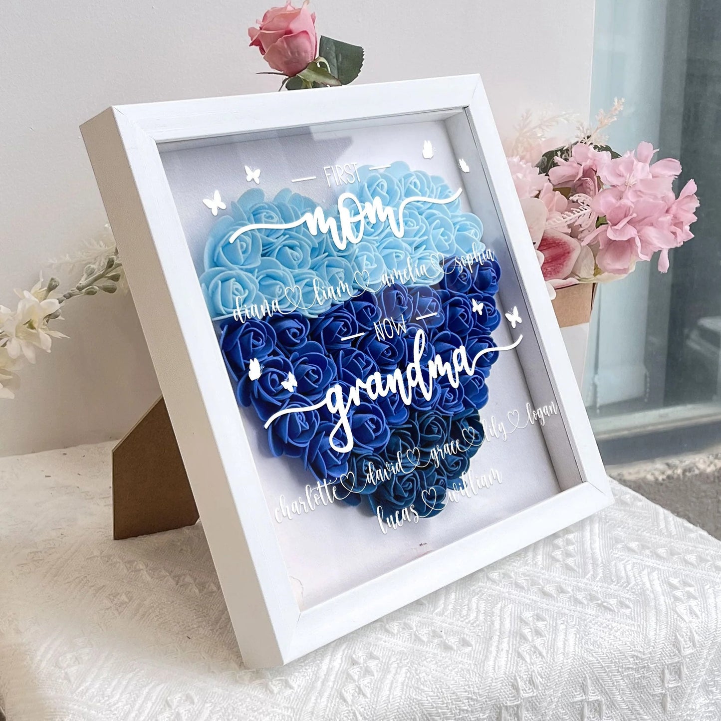 Personalized First Mom Now Grandma Flower Shadow Box With Kids Names Mother's Day Gift