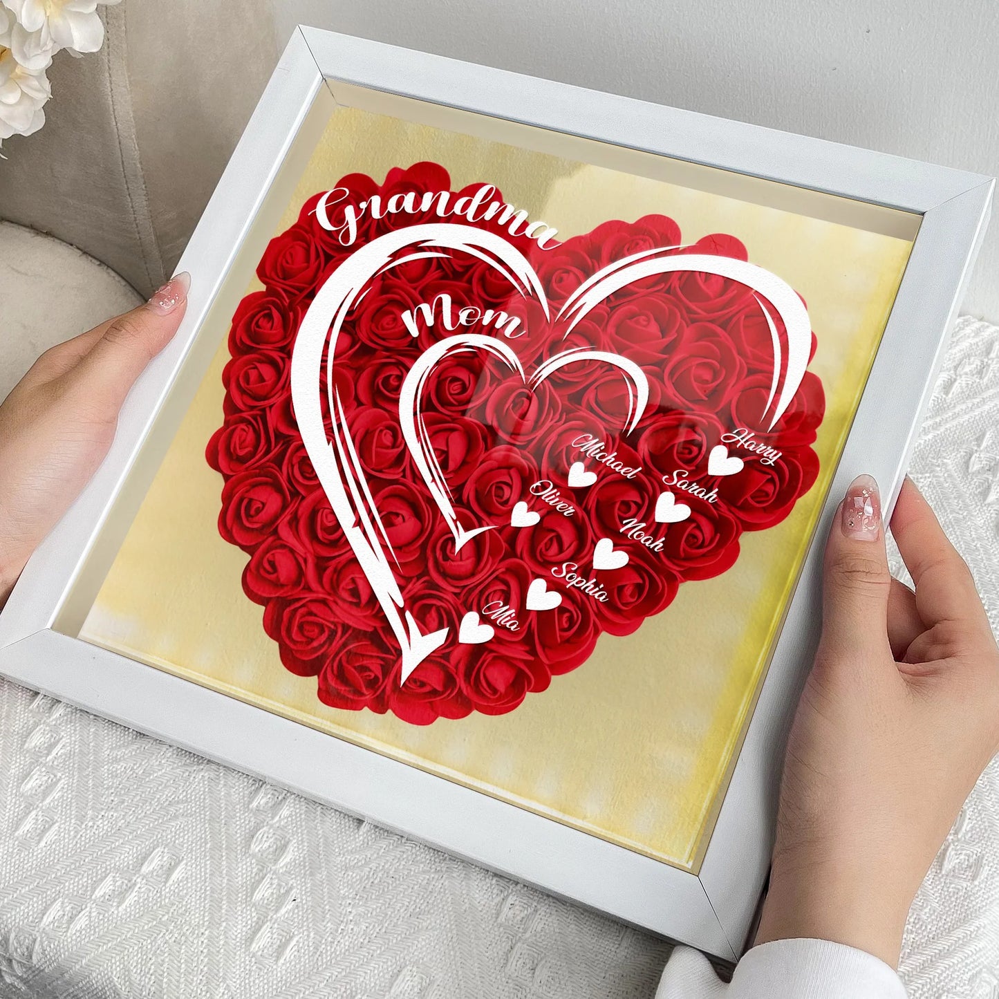 Personalized Mom Grandma Hearts LED Light Flower Shadow Box With Kids Names Mother's Day Gift