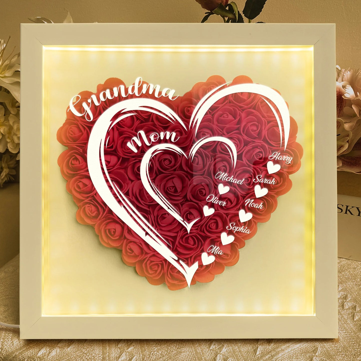 Personalized Mom Grandma Hearts LED Light Flower Shadow Box With Kids Names Mother's Day Gift
