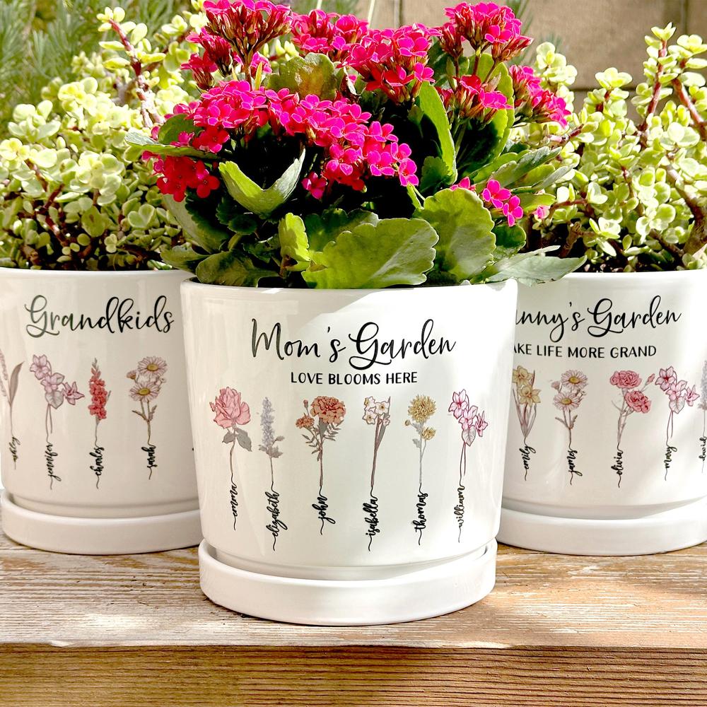Personalized Grandma Birth Flower Pot with Names Mother's Day Gift