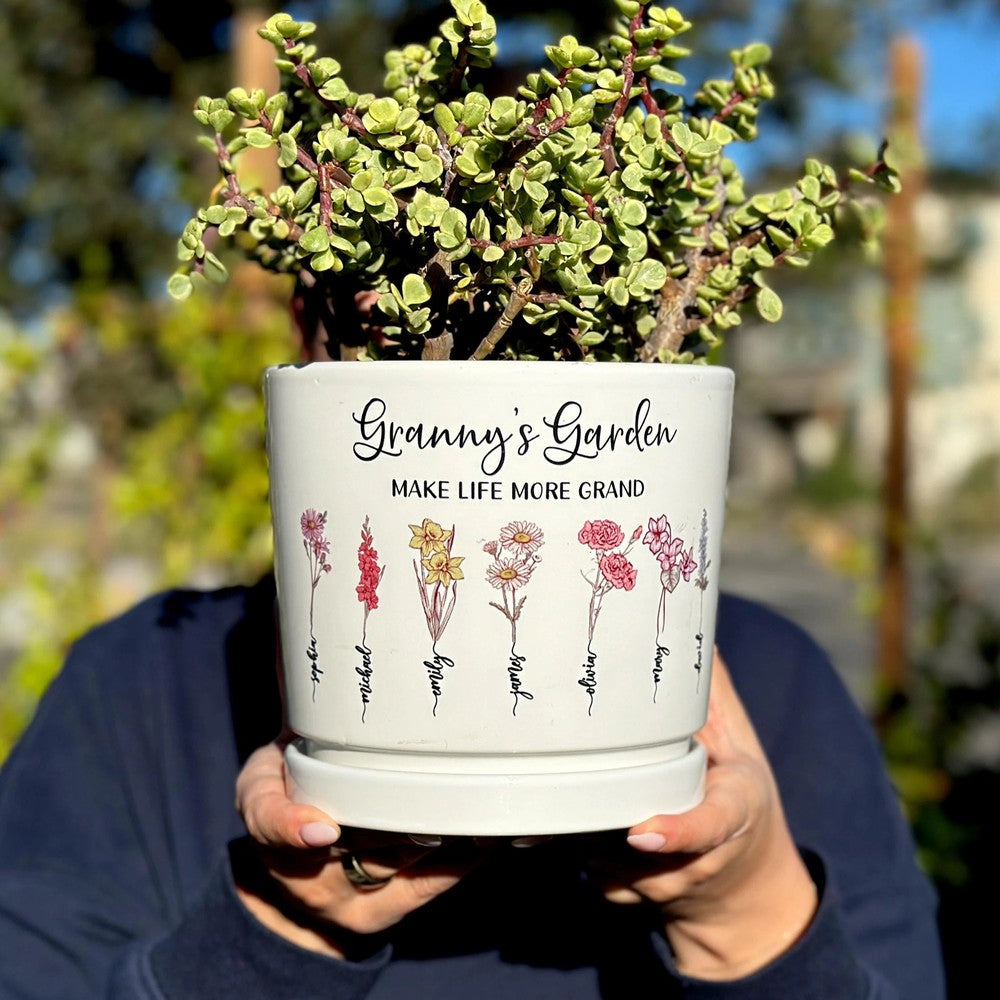 Personalized Grandma Birth Flower Pot with Names Mother's Day Gift