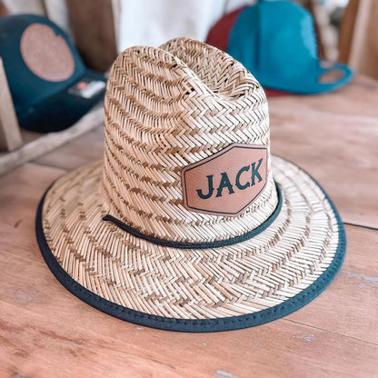 Personalized Kids Straw Hat with Name and Symbols Leather Patch Sun Hats for Baby Toddler Women Men