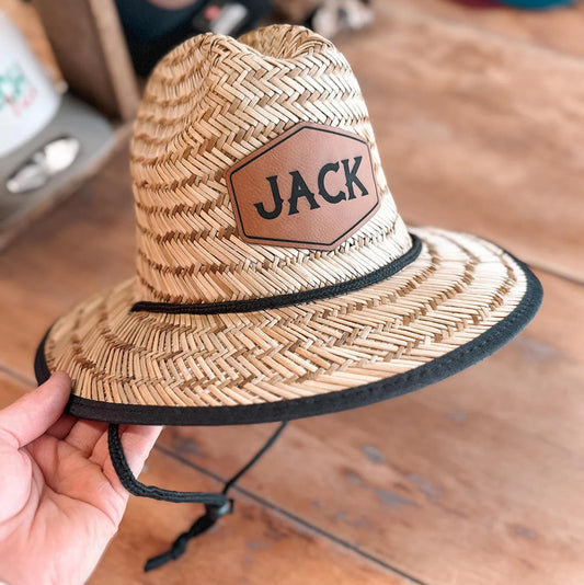 Personalized Kids Straw Hat with Name and Symbols Leather Patch Sun Hats for Baby Toddler Women Men