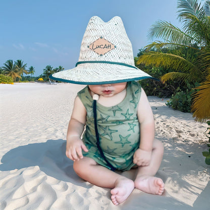 Personalized Kids Straw Hat with Name and Symbols Leather Patch Sun Hats for Baby Toddler Women Men