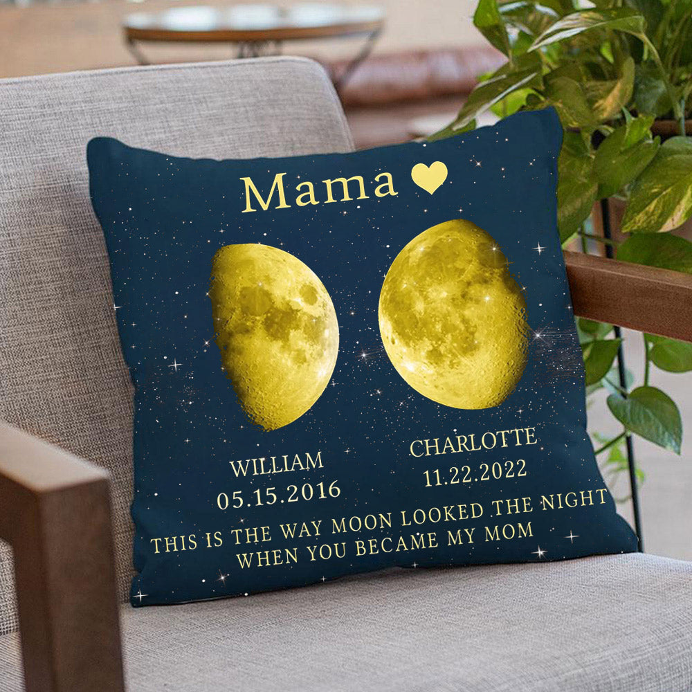 Personalized Mom Moon Phase by Date Throw Pillow Cover with Kids Names Mother's Day Gift for Mom