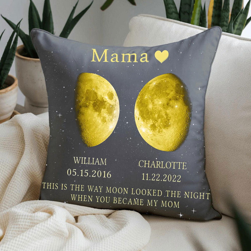Personalized Mom Moon Phase by Date Throw Pillow Cover with Kids Names Mother's Day Gift for Mom
