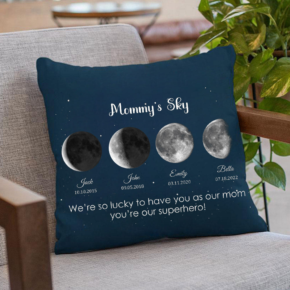 Personalized Mommy's Sky Moon Phase by Date Throw Pillow Cover with Kids Names Mother's Day Gift for Mom